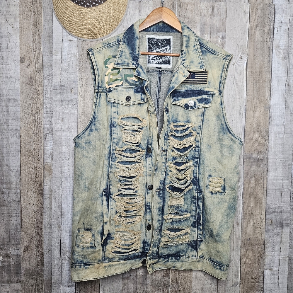 Diamond Stash Bulls Flag Patch 23 Camo No. Distressed Denim Vest Jacket Size 3X